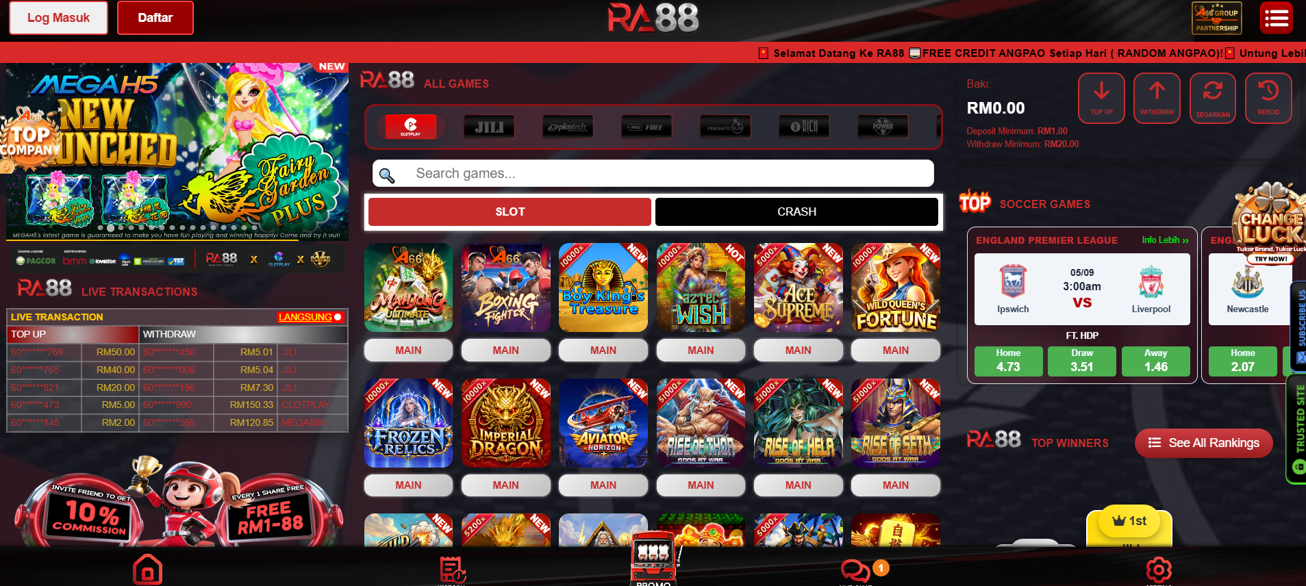 RA88 online casino homepage showing slots, live casino games and promotions